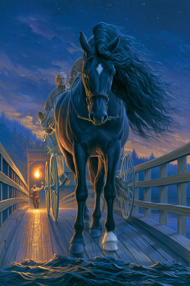 Original cover art for Azabache — Wikowí A black carriage horse with a white star, pulling a cart across a broken wooden bridge at night while a man runs up waving a torch to warn them back — Azabache.