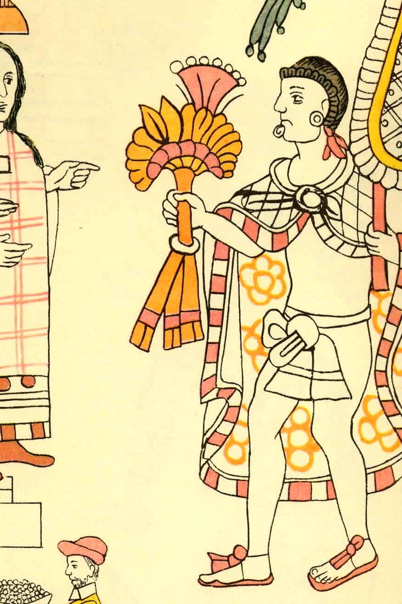 An Aztec lord with a feather fan and ornate cloak faces La Malinche translating for the Spaniards — el encuentro. Lienzo de Tlaxcala, plate 11.