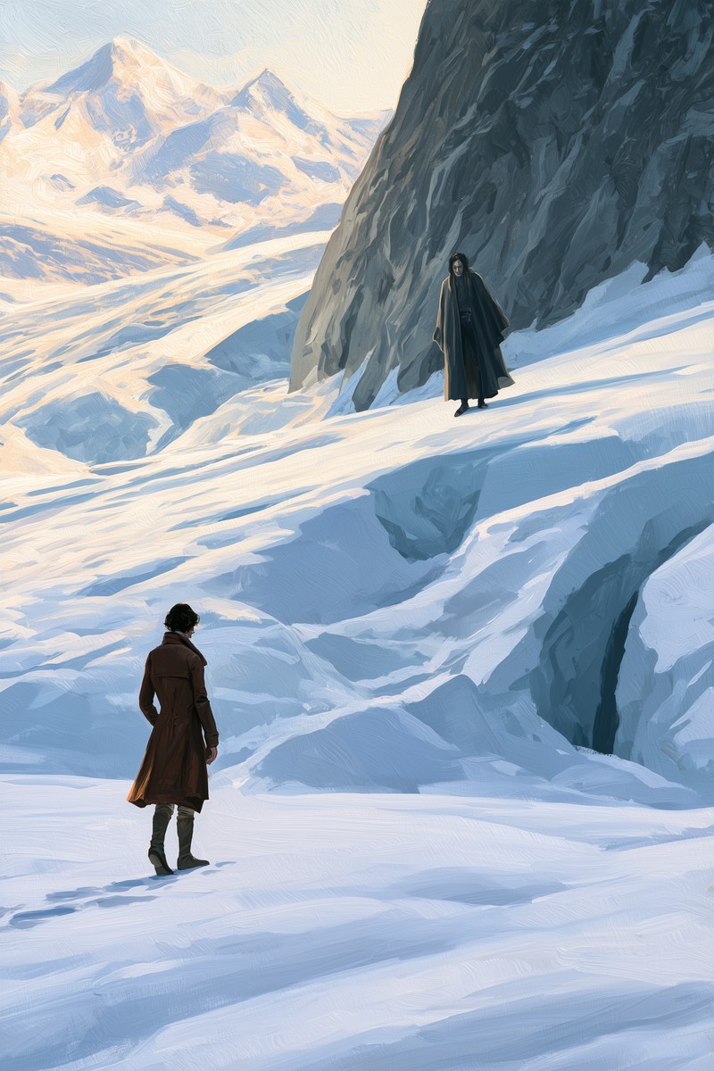 Original cover art for Frankenstein o el moderno Prometeo — Wikowí Victor Frankenstein in a long brown coat stands on a vast Alpine glacier, facing his cloaked creature on an icy ledge beneath a dark cliff, snowy peaks glowing behind — Frankenstein o el moderno Prometeo.