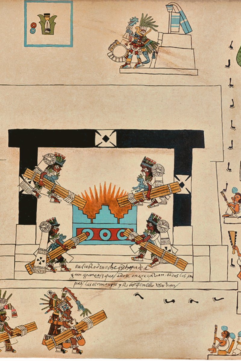 Priests bearing bound fire-bundles toward a central blaze on a stepped temple — la ceremonia del Fuego Nuevo. Codex Borbonicus, page 34.