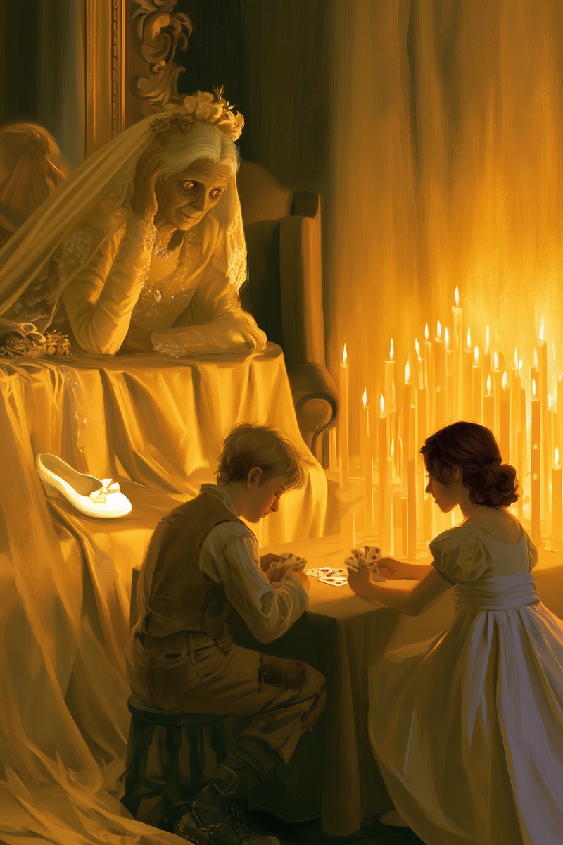 Original cover art for Grandes esperanzas — Wikowí Miss Havisham in her yellowed wedding dress and veil watches from her chair as young Pip and Estella play cards by candlelight, a single white satin slipper on the table — Grandes esperanzas.