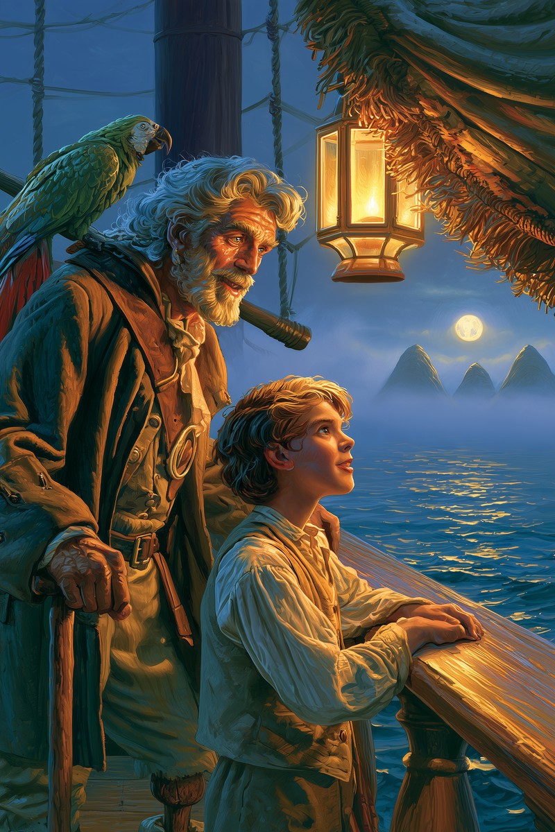 Original cover art for La isla del tesoro — Wikowí Long John Silver, white-haired with a parrot on his shoulder and a crutch in hand, stands at a ship's rail beside young Jim Hawkins under a lantern, the moonlit island rising from the sea — La isla del tesoro.