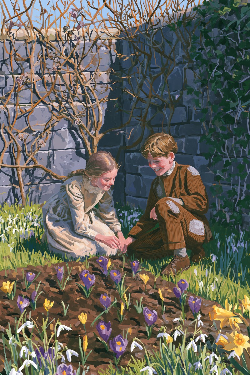 Original cover art for El jardín secreto — Wikowí A fair-haired girl and a smiling boy in a patched brown suit kneel by an old stone wall, tending crocuses, snowdrops and daffodils pushing up through the earth — El jardín secreto.