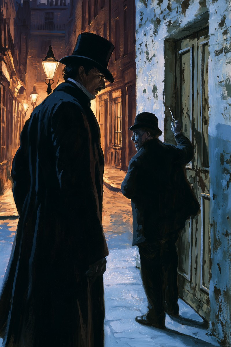 Original cover art for El extraño caso del doctor Jekyll y el señor Hyde — Wikowí A tall gentleman in a top hat and dark frock coat watches from the shadows of a gas-lit London street as a small, grinning man in a bowler hat turns a key in a battered door — El extraño caso del doctor Jekyll y el señor Hyde.