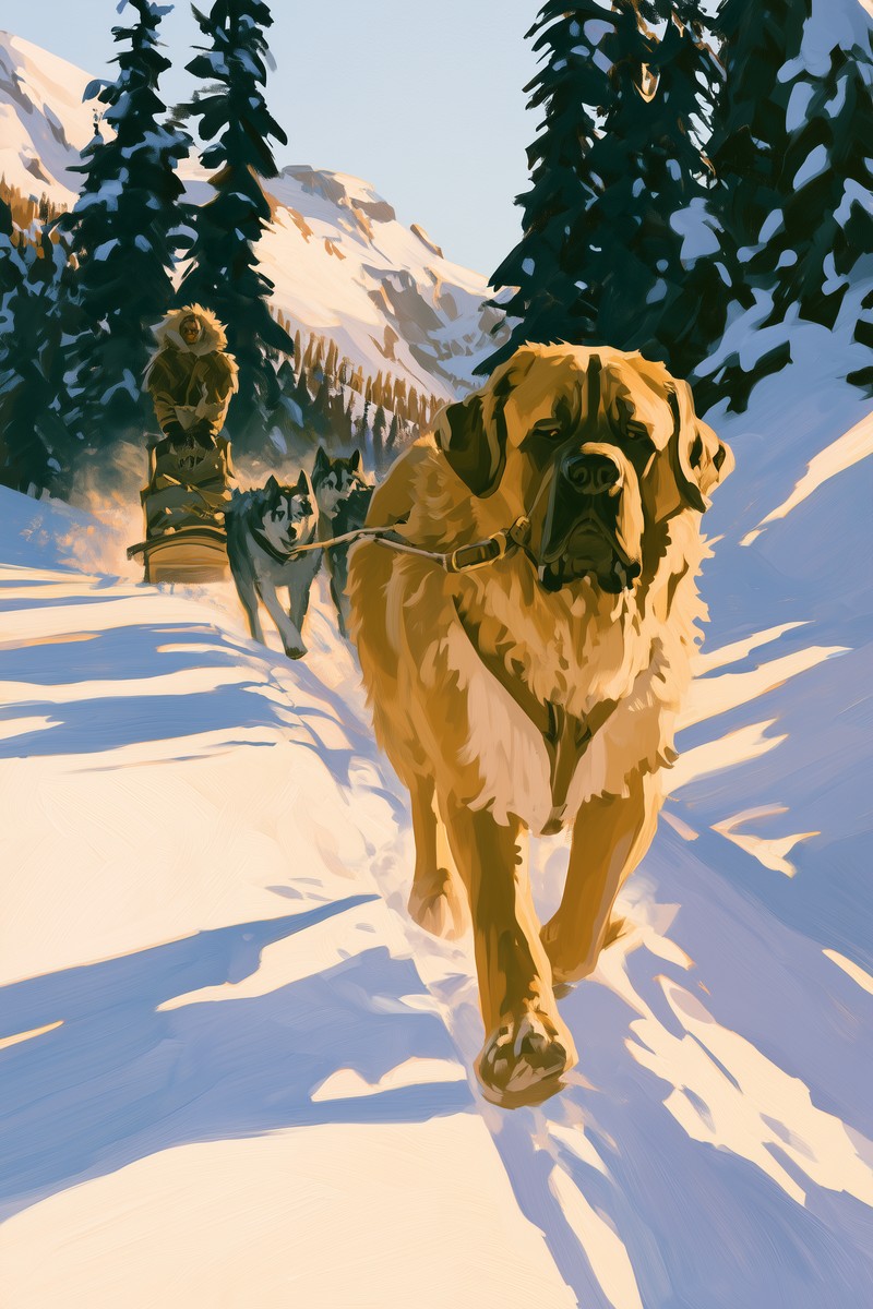 Original cover art for El llamado de lo salvaje — Wikowí Buck, a huge shaggy golden dog in harness, leads a team of huskies and a fur-hooded driver on a sled along a sunlit snowy trail through the mountain pines — El llamado de lo salvaje.