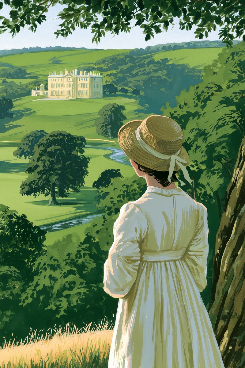Original cover art for Orgullo y prejuicio — Wikowí A young woman in a white Regency dress and straw bonnet, seen from behind beneath an oak, gazing across green parkland toward a grand country house — Orgullo y prejuicio.
