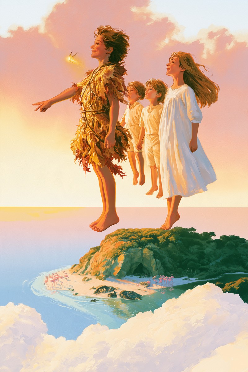Original cover art for Peter Pan y Wendy — Wikowí Peter Pan in a tunic of autumn leaves points the way, Tinker Bell glowing ahead, as Wendy, John and Michael fly behind him through a pink sunset sky above a Neverland island with flamingos and turtles on the shore — Peter Pan y Wendy.
