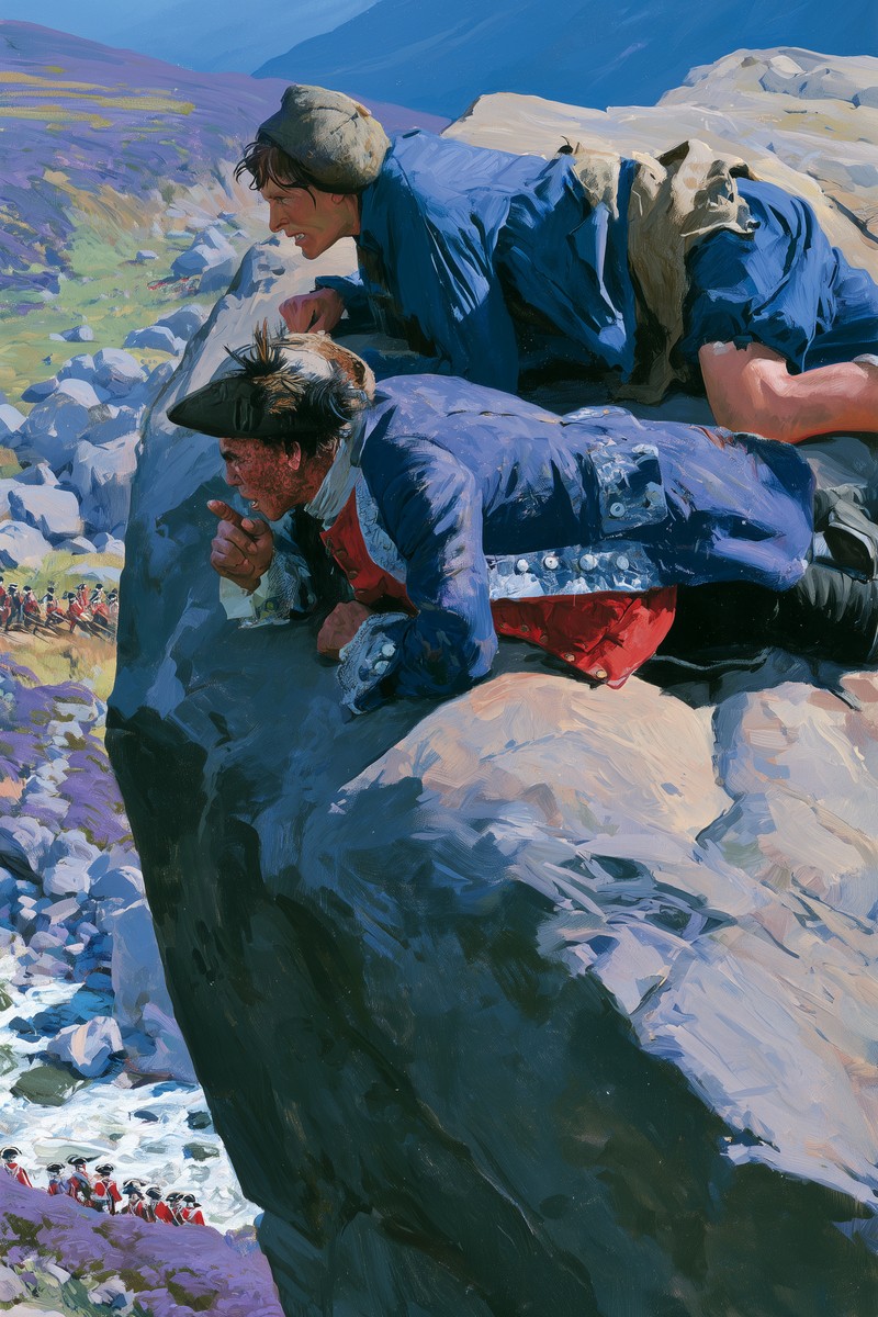 Original cover art for Secuestrado — Wikowí David Balfour and Alan Breck, in his feathered hat and blue coat, lie flat atop a huge sun-baked rock in the Highland heather, watching a column of redcoat soldiers pass below by a rushing stream — Secuestrado.