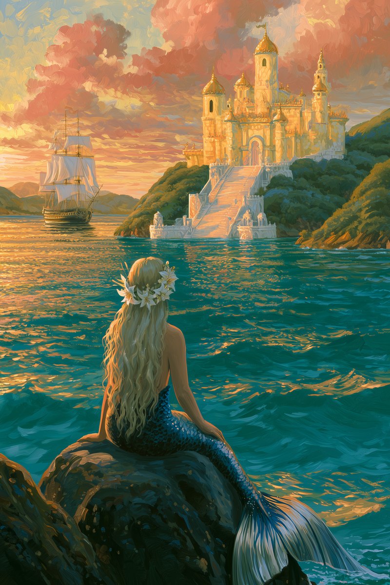 A golden-haired mermaid on a rock at sunset, gazing across the water at a tall sailing ship and a golden cliff-top castle — La sirenita.