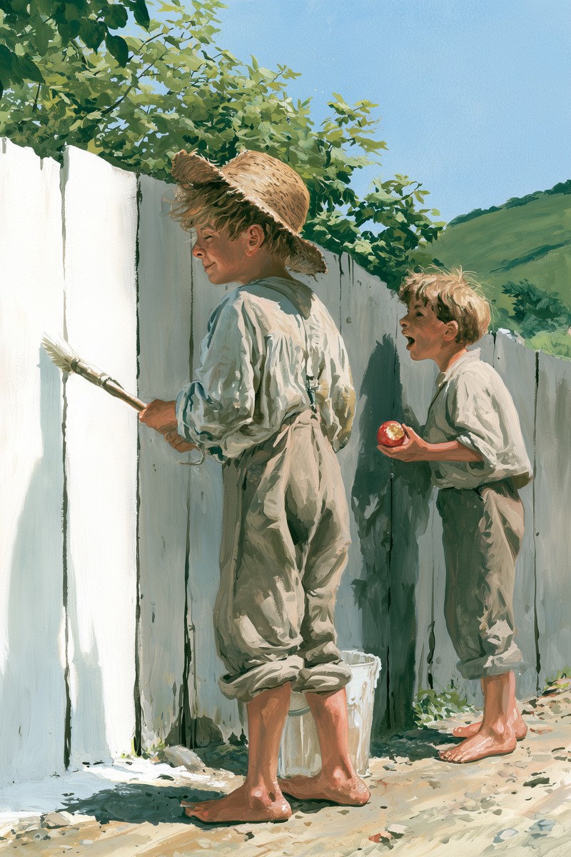 Original cover art for Las aventuras de Tom Sawyer — Wikowí Barefoot Tom Sawyer in a straw hat whitewashes a tall board fence, smiling to himself, while Ben Rogers watches open-mouthed holding an apple — Las aventuras de Tom Sawyer.